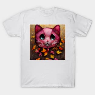 Adorable happy pink cute Kitty On The Autumn leaves cat lover gifts T-Shirt